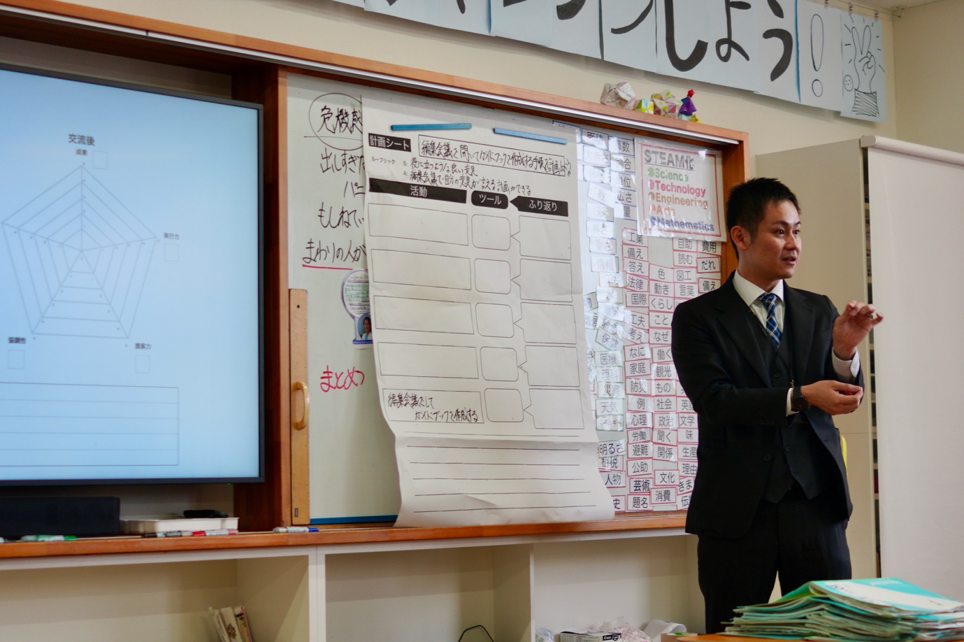 公開授業後に編集会議の意図やワークシートの構成について解説する堀先生